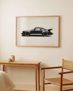 black 911 wall art, vintage 930 turbo print, automotive illustration poster, semi-gloss car poster
