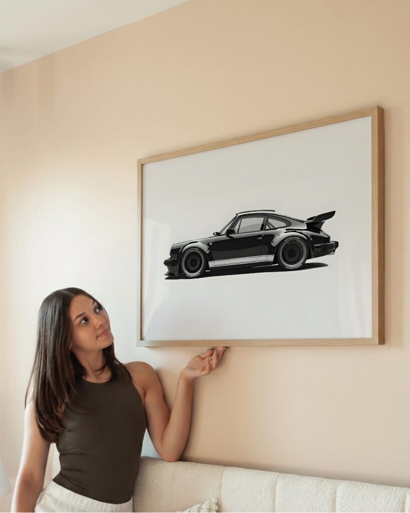 black 911 wall art, vintage 930 turbo print, automotive illustration poster, semi-gloss car poster