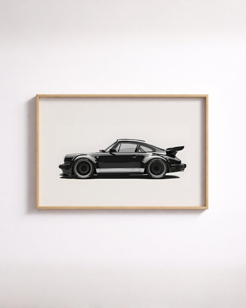 Framed illustration of a black Porsche 911 with a whale-tail spoiler, side profile on a plain background.
