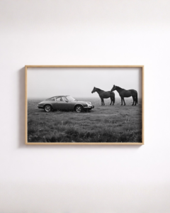 Vintage Porsche 911 with Horses in Black and White Wall Art Print – Luxury Matte Poster | Montclair Collective