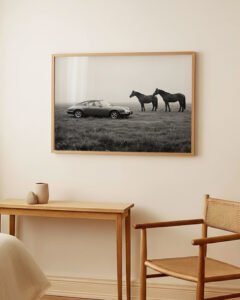 Vintage Porsche 911 with Horses in Black and White Wall Art Print – Luxury Matte Poster | Montclair Collective