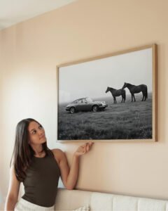Vintage Porsche 911 with Horses in Black and White Wall Art Print – Luxury Matte Poster | Montclair Collective