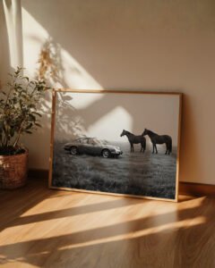 Vintage Porsche 911 with Horses in Black and White Wall Art Print – Luxury Matte Poster | Montclair Collective
