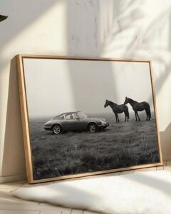 Vintage Porsche 911 with Horses in Black and White Wall Art Print – Luxury Matte Poster | Montclair Collective