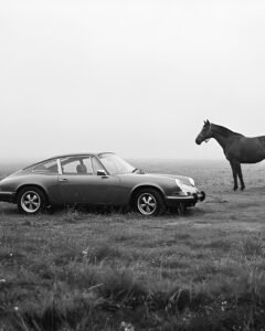 Vintage Porsche 911 with Horses in Black and White Wall Art Print – Luxury Matte Poster | Montclair Collective