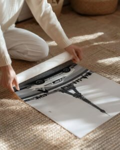 A refined black and white Porsche 911 wall art print set in Paris with the Eiffel Tower. Museum-quality matte finish designed for elevated, modern interiors.