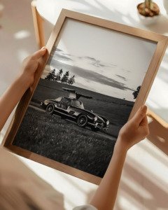 Black and white poster of Mercedes-Benz 300SL Gullwing with iconic upward-opening doors, fine art automotive print by Montclair Collective