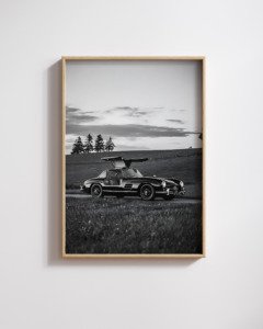 Black and white poster of Mercedes-Benz 300SL Gullwing with iconic upward-opening doors, fine art automotive print by Montclair Collective