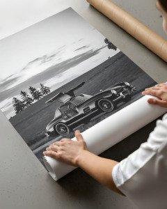 Black and white poster of Mercedes-Benz 300SL Gullwing with iconic upward-opening doors, fine art automotive print by Montclair Collective