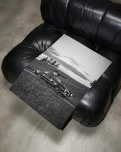 Black and white poster of Mercedes-Benz 300SL Gullwing with iconic upward-opening doors, fine art automotive print by Montclair Collective