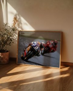 Vintage motorcycle racing poster of 1990s rider leaning into apex