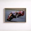 Vintage motorcycle racing poster of 1990s rider leaning into apex