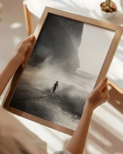 woman running along coast poster for living room, surf-inspired wall art for office, black and white coastal poster