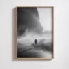 woman running along coast poster for living room, surf-inspired wall art for office, black and white coastal poster