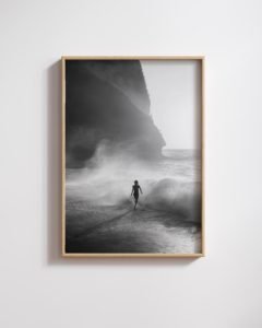 woman running along coast poster for living room, surf-inspired wall art for office, black and white coastal poster