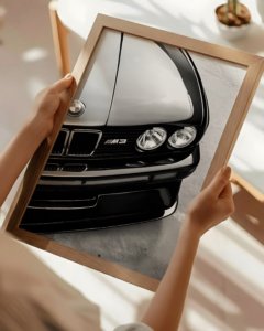 Black and white portrait print of BMW E30 M3 classic performance car