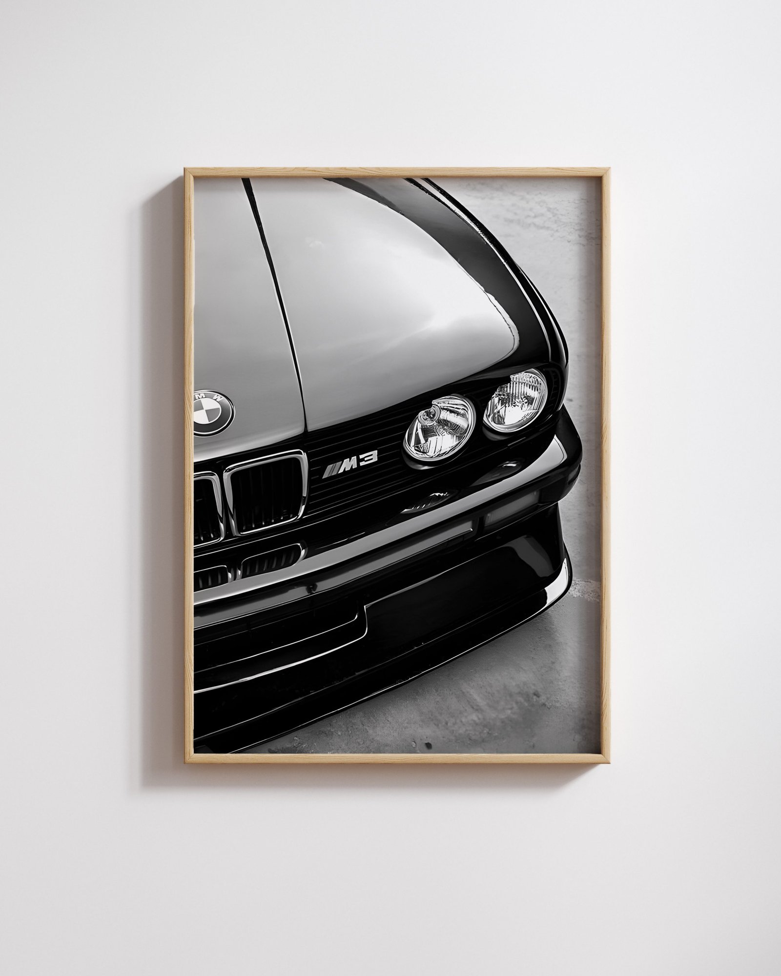 Black and white portrait print of BMW E30 M3 classic performance car