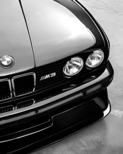 Black and white portrait print of BMW E30 M3 classic performance car