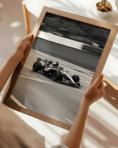 Mercedes Formula 1 race car speeding on track with motion blur background – dynamic F1 motorsport wall art print