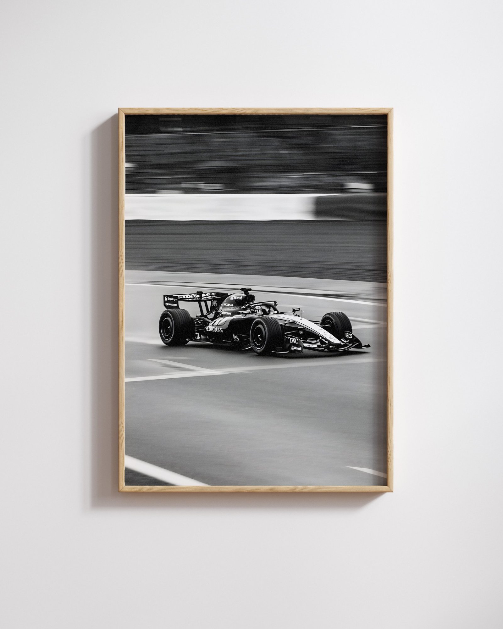 Mercedes Formula 1 race car speeding on track with motion blur background – dynamic F1 motorsport wall art print