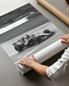 Mercedes Formula 1 race car speeding on track with motion blur background – dynamic F1 motorsport wall art print