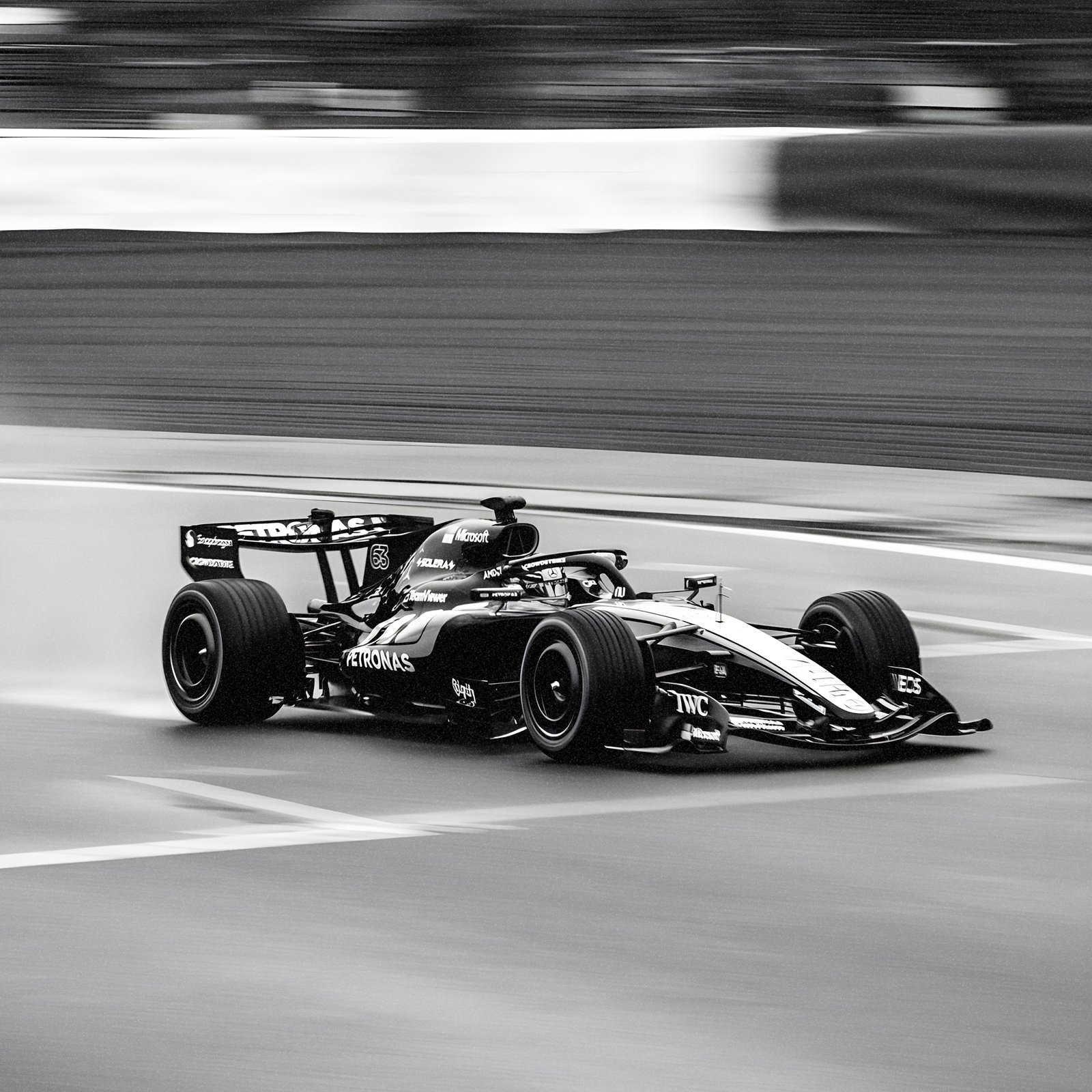 Mercedes Formula 1 race car speeding on track with motion blur background – dynamic F1 motorsport wall art print