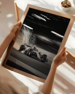 blurred F1 car poster for living room, luxury motorsport wall art for office, black and white Formula 1 motion poster