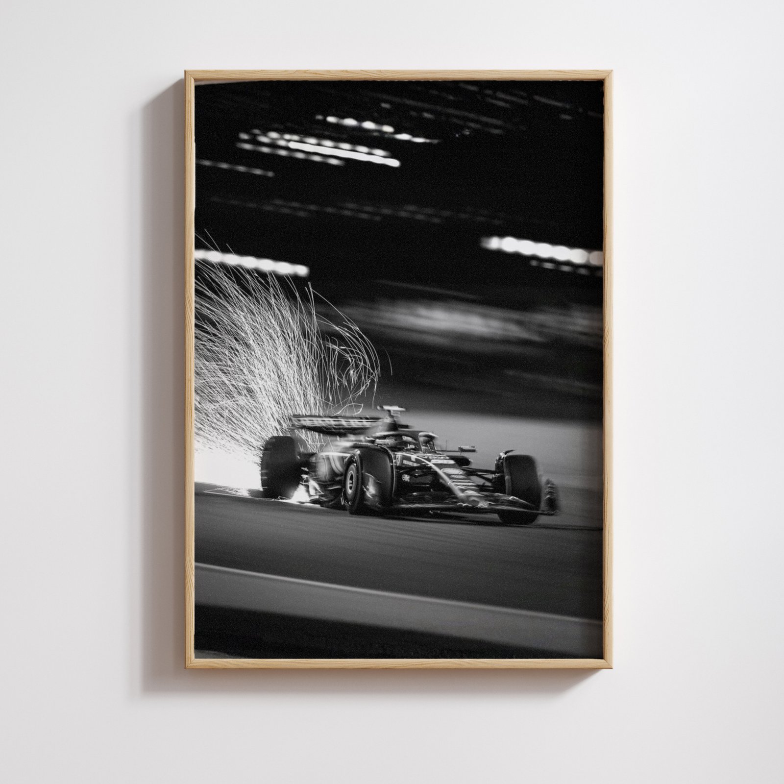 blurred F1 car poster for living room, luxury motorsport wall art for office, black and white Formula 1 motion poster