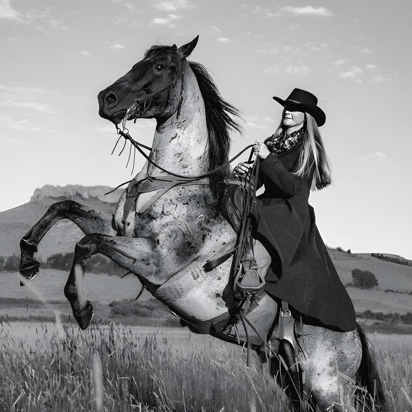 Black and white portrait of a cowgirl riding a horse