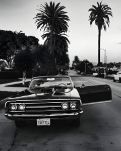 hevrolet Impala black and white wall art with palm trees