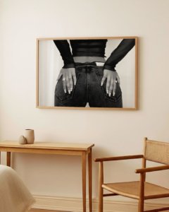 woman in jeans poster for living room, fashion editorial wall art for office, minimalist black and white portrait poster