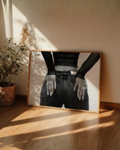 woman in jeans poster for living room, fashion editorial wall art for office, minimalist black and white portrait poster