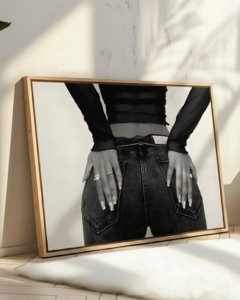woman in jeans poster for living room, fashion editorial wall art for office, minimalist black and white portrait poster