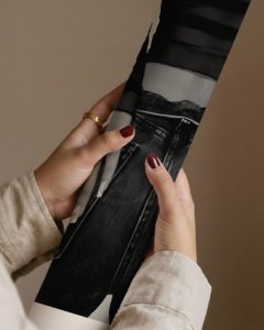 woman in jeans poster for living room, fashion editorial wall art for office, minimalist black and white portrait poster