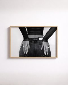 woman in jeans poster for living room, fashion editorial wall art for office, minimalist black and white portrait poster