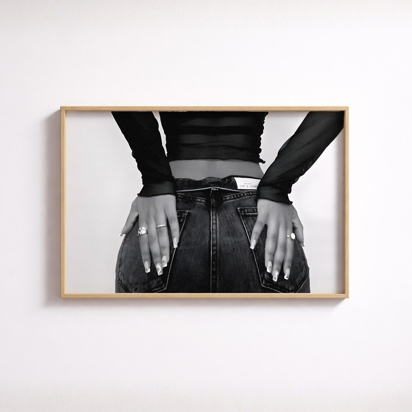 woman in jeans poster for living room, fashion editorial wall art for office, minimalist black and white portrait poster