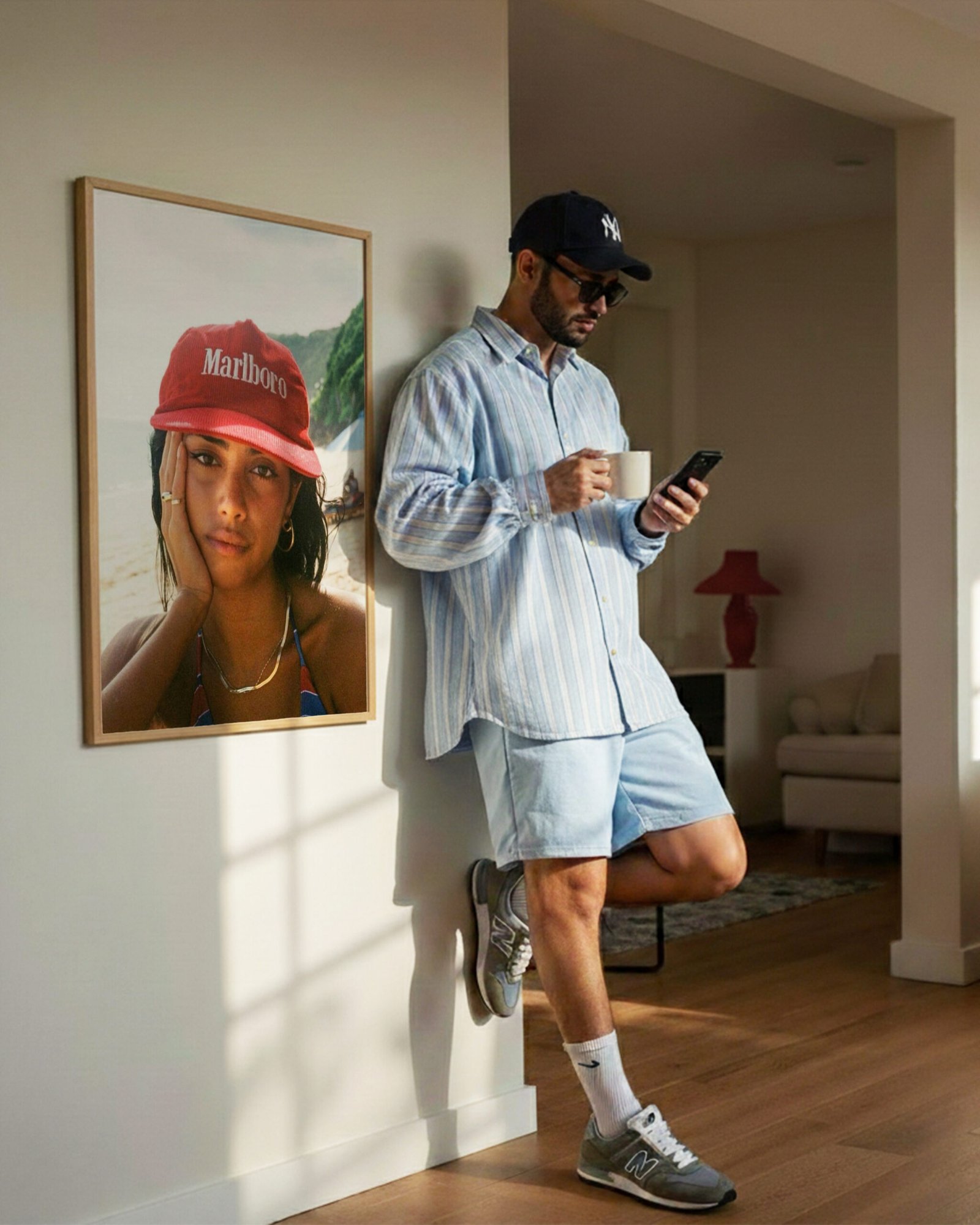 A man leans against a hallway wall beside a framed beach portrait, checking his phone with coffee in hand.