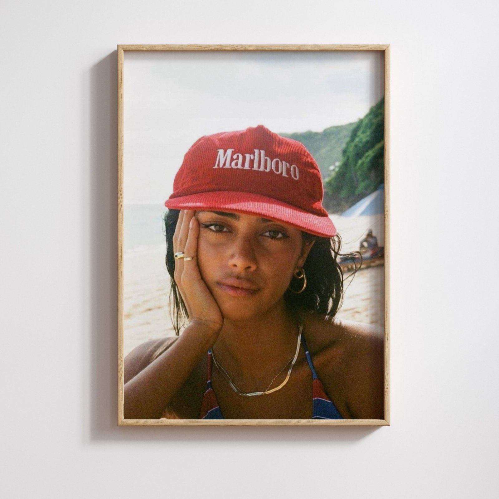 model with Marlboro hat poster for living room, luxury racing culture wall art for office, vintage motorsport fashion poster