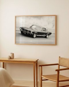Black-and-white archival print of a 1967 Mustang, cinematic fine art photography capturing sleek lines, motion, and nostalgia.