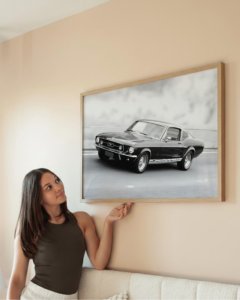 Black-and-white archival print of a 1967 Mustang, cinematic fine art photography capturing sleek lines, motion, and nostalgia.
