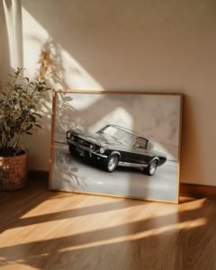 Black-and-white archival print of a 1967 Mustang, cinematic fine art photography capturing sleek lines, motion, and nostalgia.