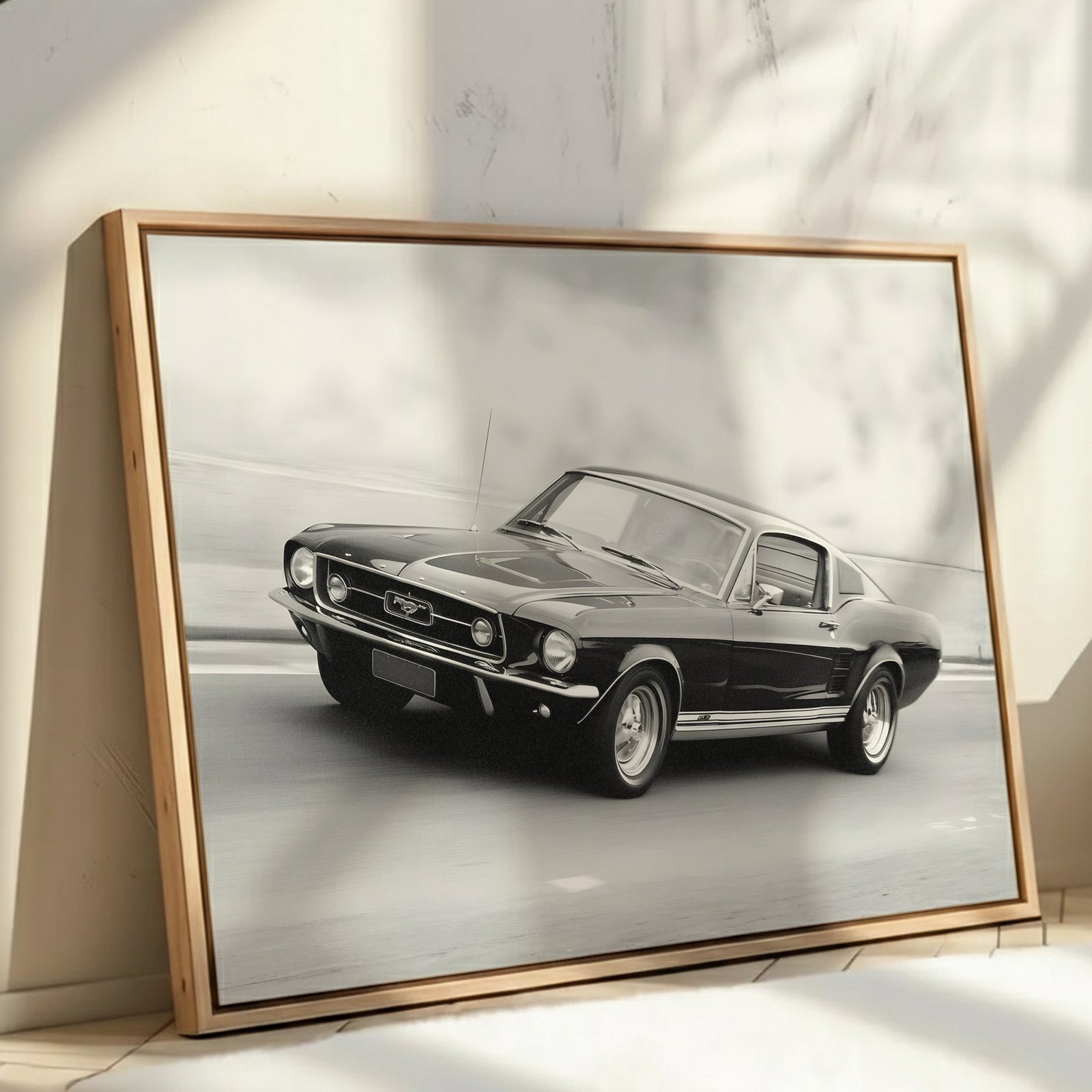 Black-and-white archival print of a 1967 Mustang, cinematic fine art photography capturing sleek lines, motion, and nostalgia.