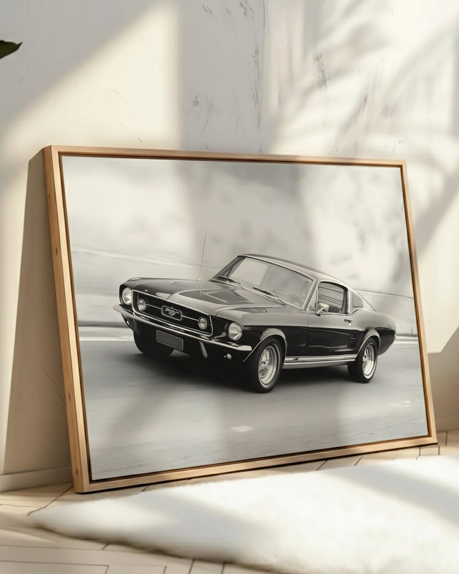 Black-and-white archival print of a 1967 Mustang, cinematic fine art photography capturing sleek lines, motion, and nostalgia.