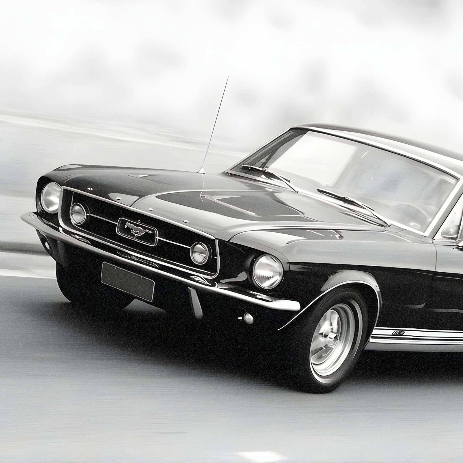 Black-and-white archival print of a 1967 Mustang, cinematic fine art photography capturing sleek lines, motion, and nostalgia.