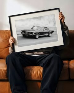 Black-and-white archival print of a 1967 Mustang, cinematic fine art photography capturing sleek lines, motion, and nostalgia.