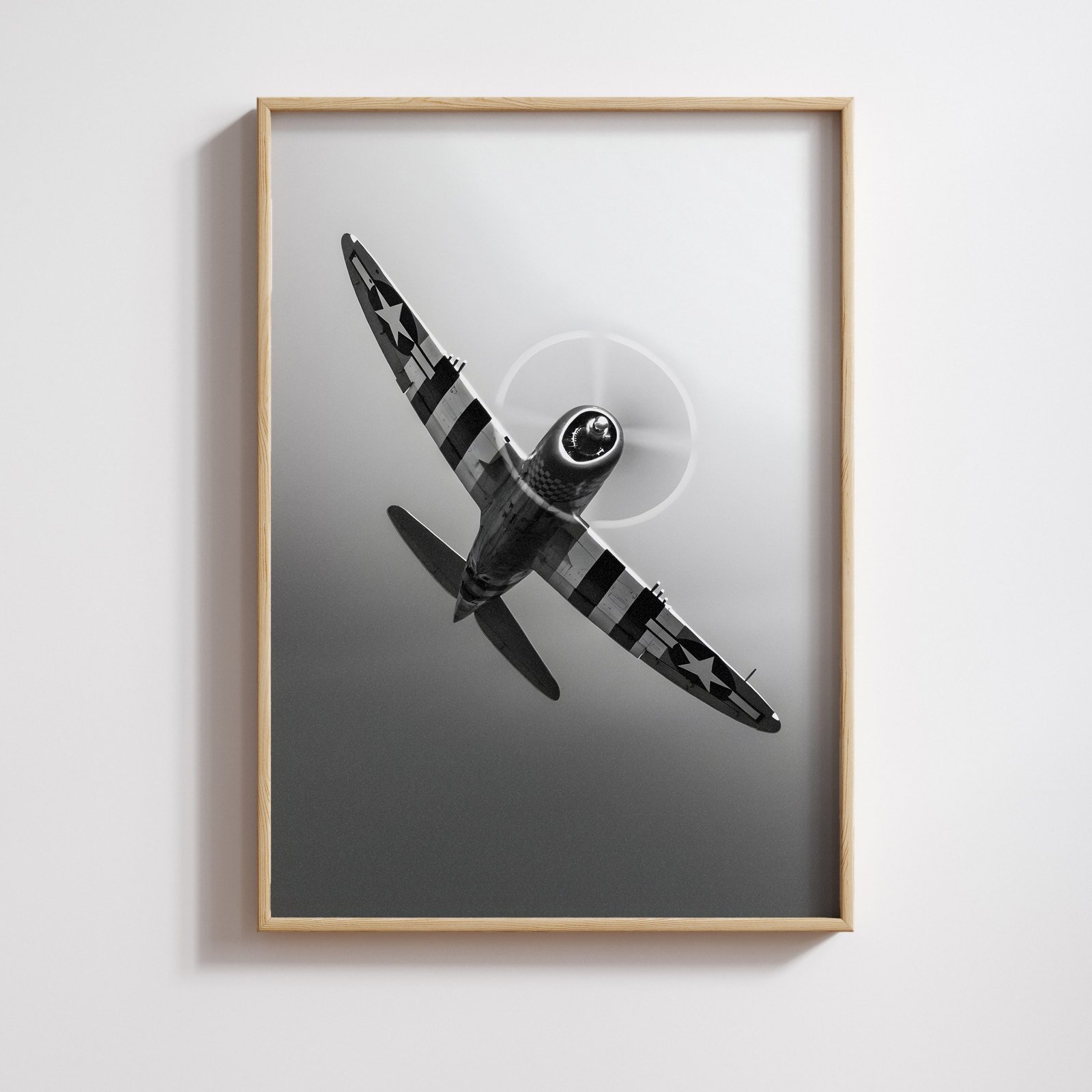 Black-and-white poster of a P-47 Thunderbolt, dramatic archival aviation print capturing cinematic detail and historical power.