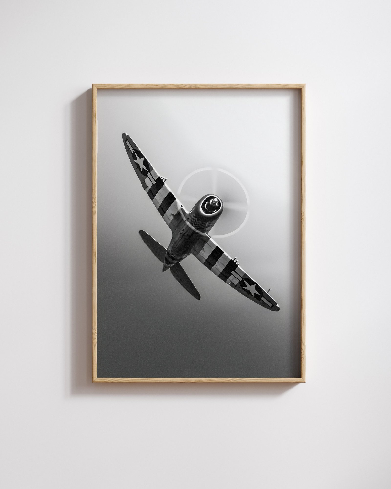 Black-and-white poster of a P-47 Thunderbolt, dramatic archival aviation print capturing cinematic detail and historical power.