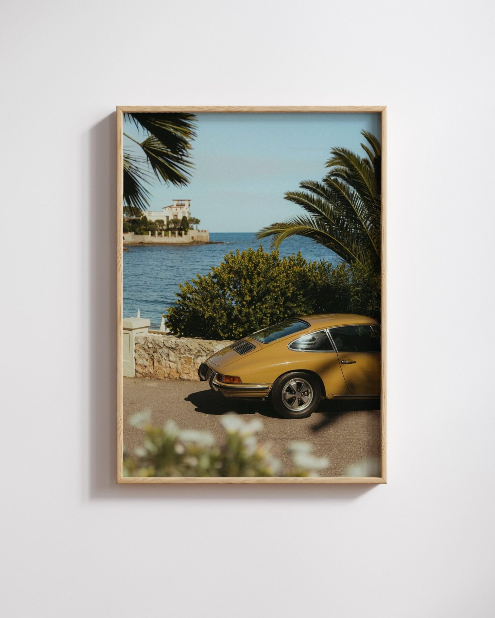Porsche 911 print in colour showing a gold classic 911 parked on a coastal road