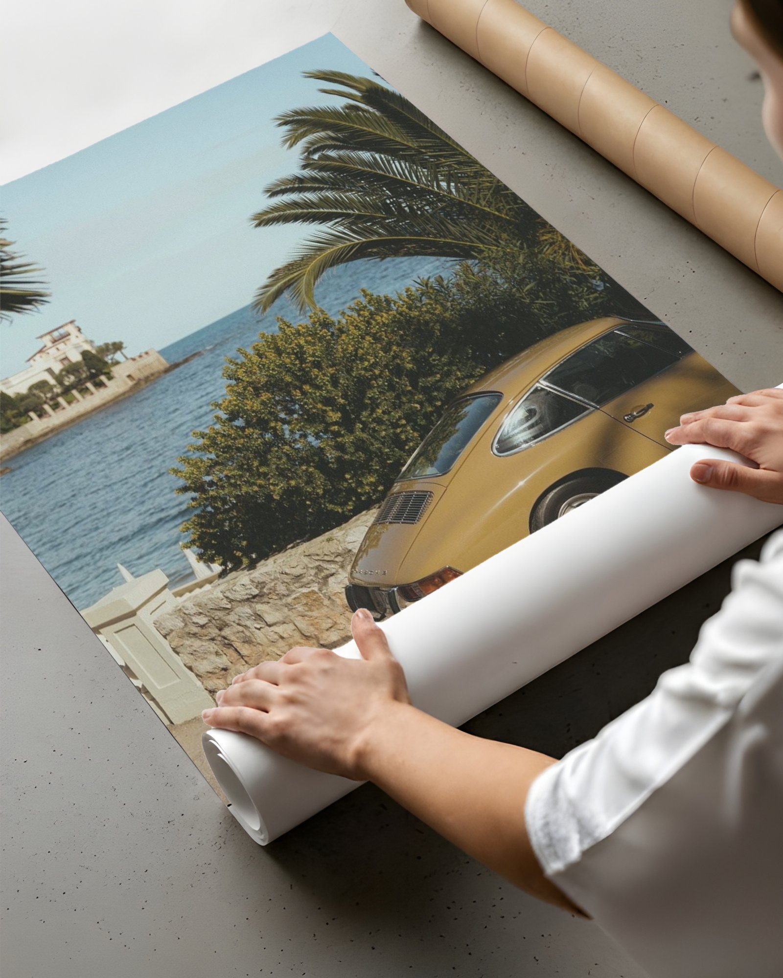 Vintage Porsche 911 full-color photography poster featuring the iconic sports car in stunning detail. Perfect wall art for car enthusiasts and modern spaces.