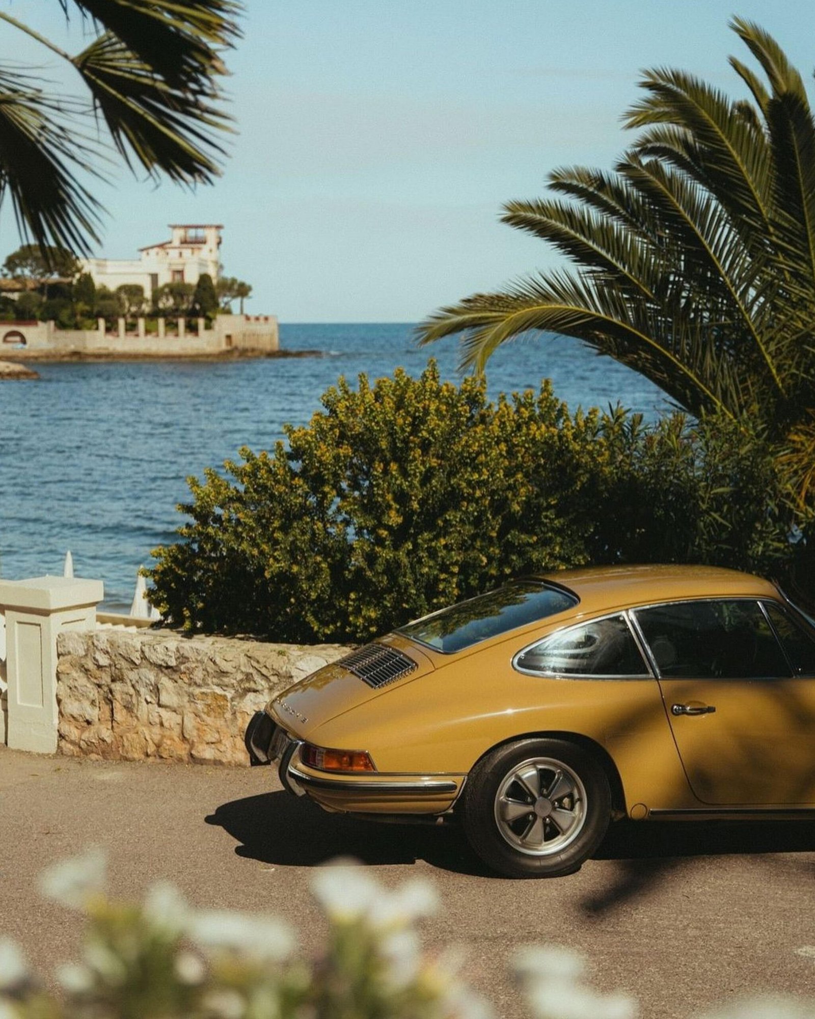 Colour photo of a gold vintage Porsche 911 parked under palm trees by the sea.